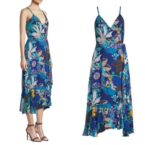 Trina Turk Found In Translation Kaciee Wrap Midi Dress Blue Multi Size 6-8 M - Picture 11 of 12